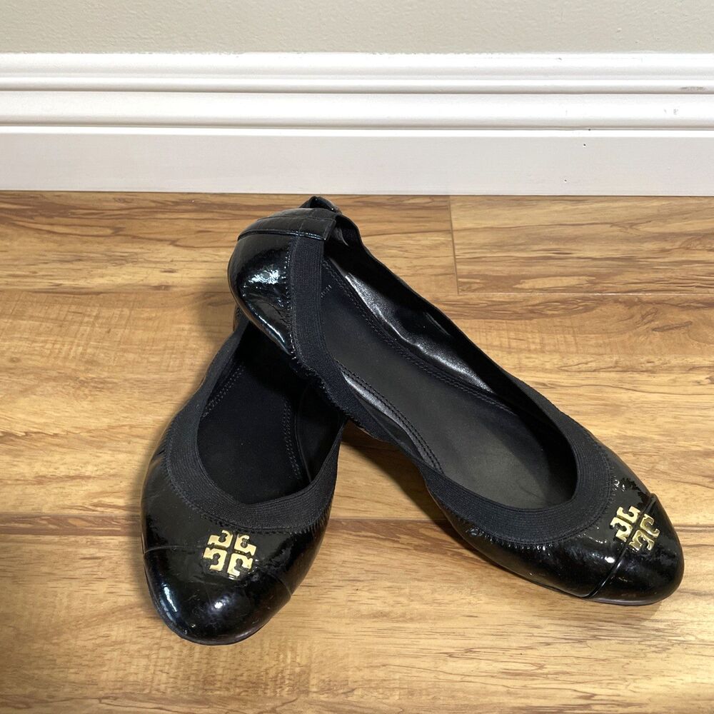 Tory Burch Jolie 10.5 M Black Patent Leather Cap Toe Stretch Ballet Flats Shoes